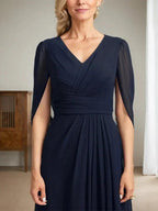 Dark Navy A-Line V-Neck Long Mother of Bride Dress by Dreamylily