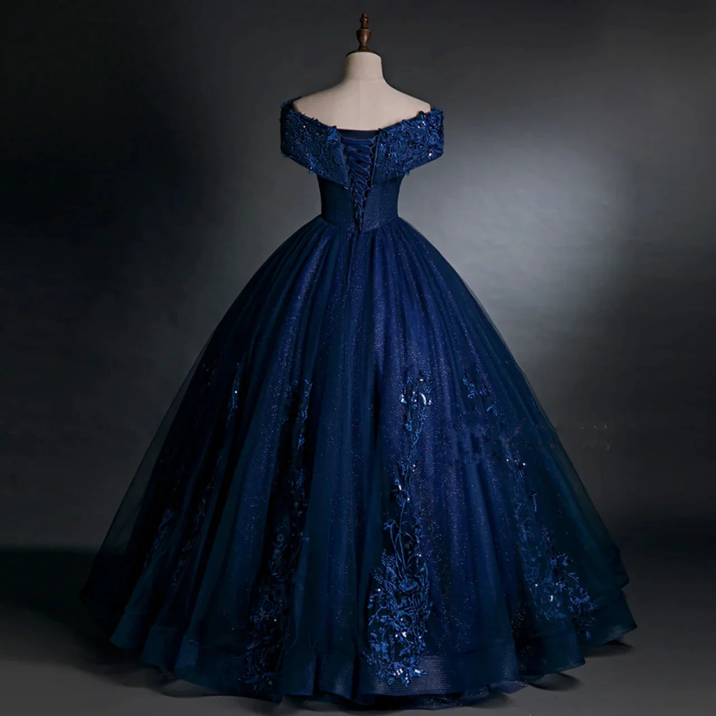 Beautiful Navy Blue Appliques Beaded Ball Gown Off The Shoulder Evening Dress Y7677 by simplepromdress