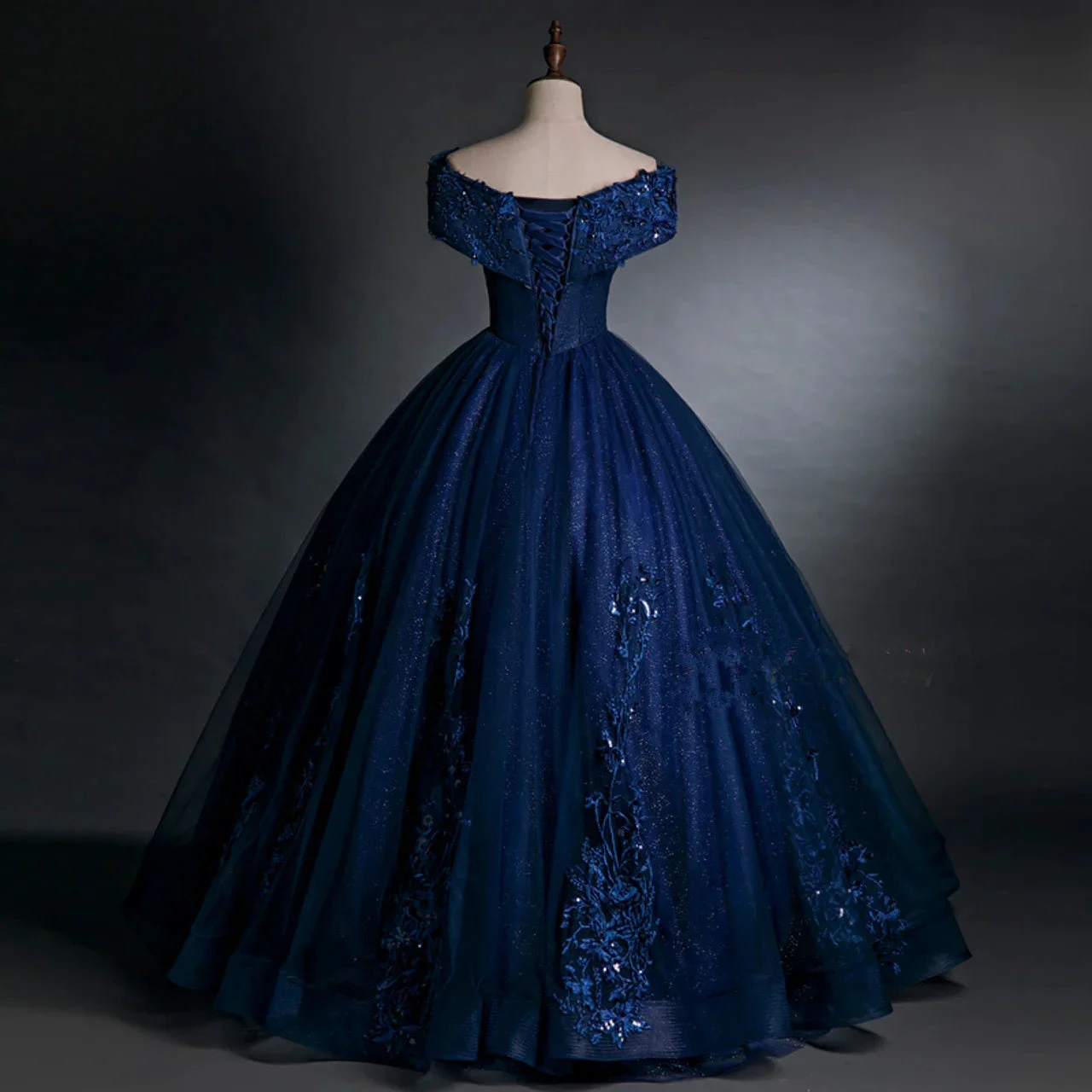 Beautiful Navy Blue Appliques Beaded Ball Gown Off The Shoulder Evening Dress Y7677 by simplepromdress