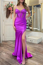 Olive | Purple Sweetheart Satin Mermaid Long Prom Dresses with Slit by KissProm
