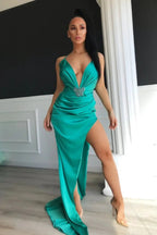 Sexy Long Mermaid V-Neck Satin Evening Prom Dress With Split by BIZTUNNEL