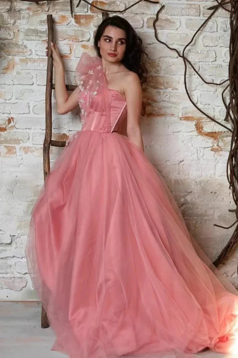 Stunning Long A-line One Shoulder Tulle Prom Dresses by BIZTUNNEL