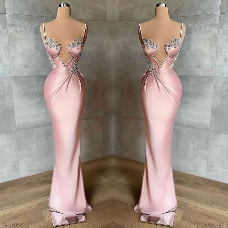Long Mermaid Sweetheart Spaghetti Straps Satin Prom Dress with Beadings by BIZTUNNEL