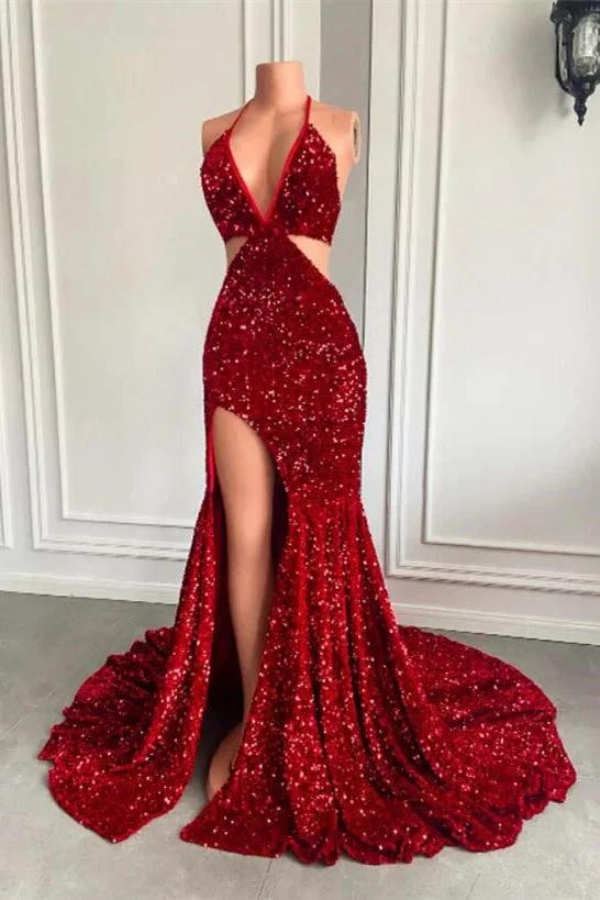 Split Front Red Halter V-Ncek Sequin Floor Length Mermaid Prom Dress by BIZTUNNEL