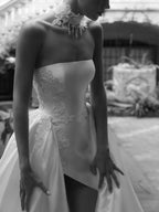 Luxury White Satin Strapless High Slit Ball Gown Wedding Dress with Choker SW186