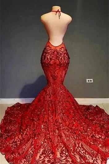 Halter Deep V Neck Open Back Sexy Lace Mermaid Prom Gown by BIZTUNNEL