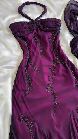 Vestido de fiesta vintage de sirena de gasa con cuentas moradas y cuello halter, vestido de noche largo Y7503