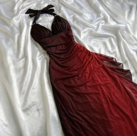 Vestido de fiesta de noche sexy de gasa con cuello en V y escote halter rojo degradado Y7485