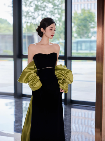 Pretty Black Strapless Satin Long Prom Dress Evening Dress With Bow Y8594