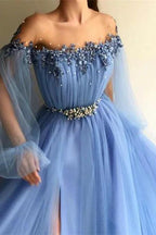 Off-the-Shoulder Long Sleeves Long Tulle Prom Dress With Beads and Slits by BIZTUNNEL