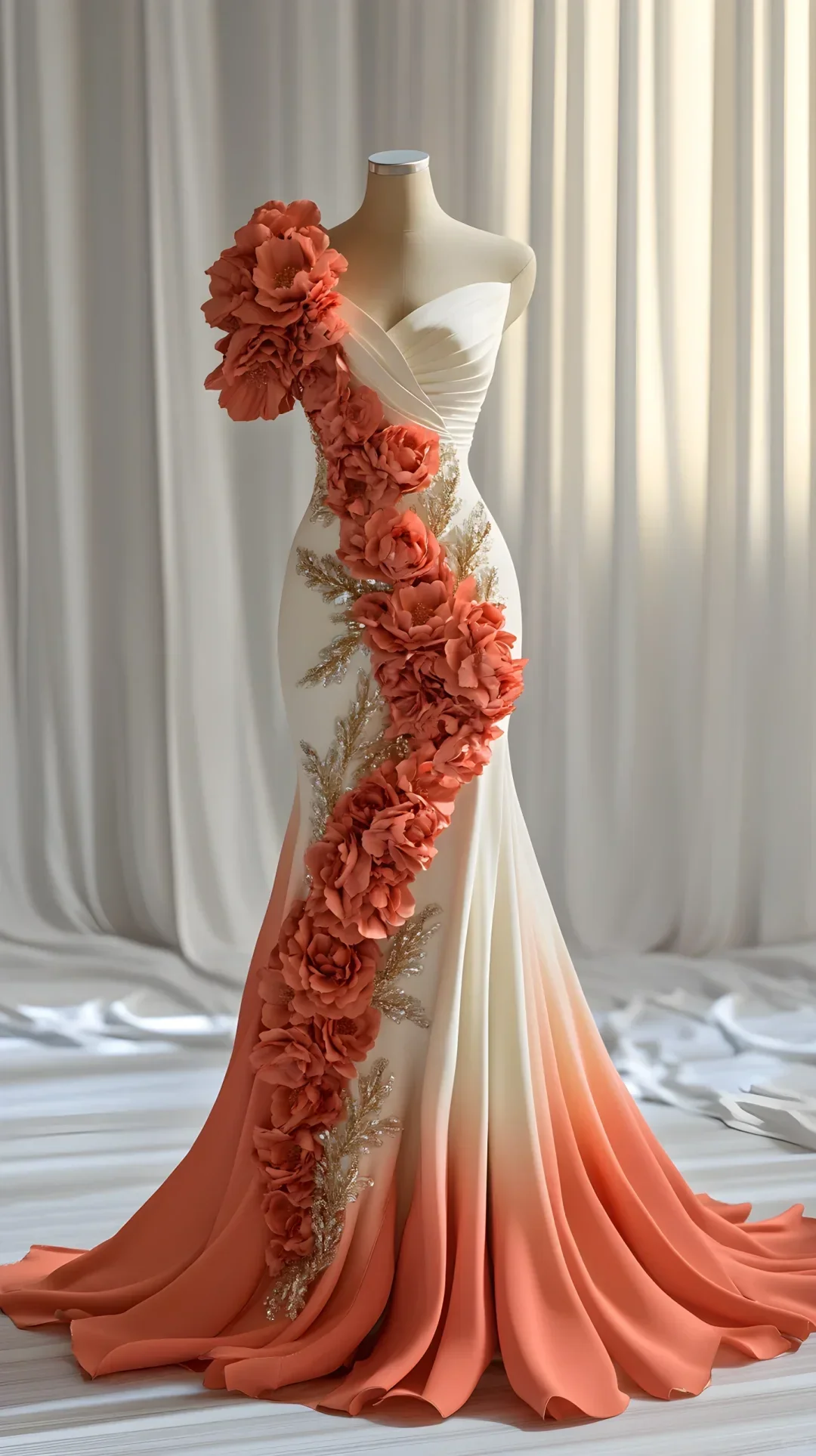 Classy Peony Flower Appliques Chiffon Prom Dress Long Mermaid Evening Dress Y8566