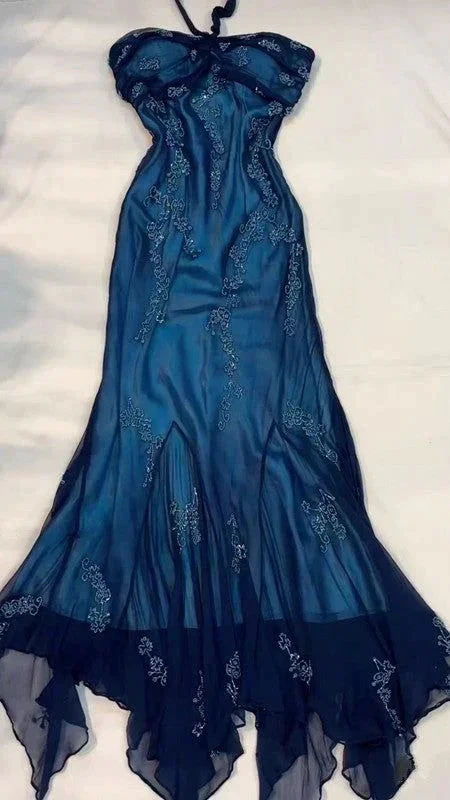 Vintage Halter Beaed Navy Blue Chiffon Mermaid Prom Dress Long Party Evening Dress Y7504 by simplepromdress