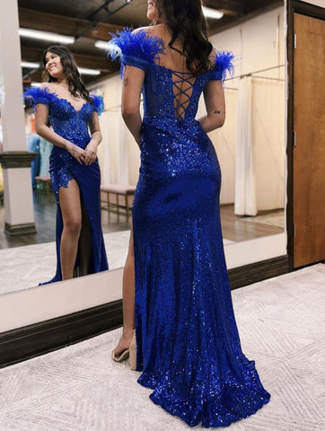 Emmy | Vestido de fiesta de sirena con hombros descubiertos, lentejuelas y encaje