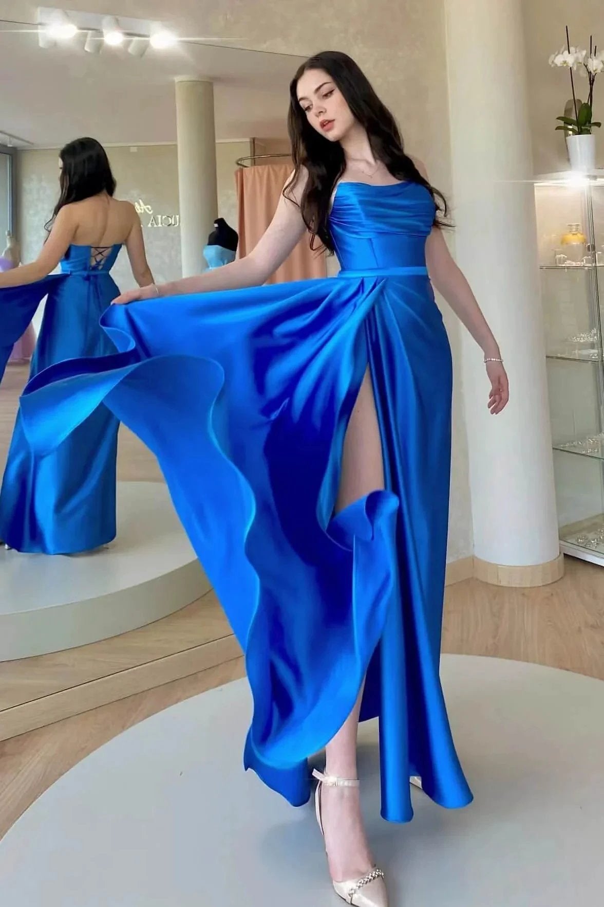 Strapless Open Back Sleeveless Prom Dress with Split and Ruffle by BIZTUNNEL