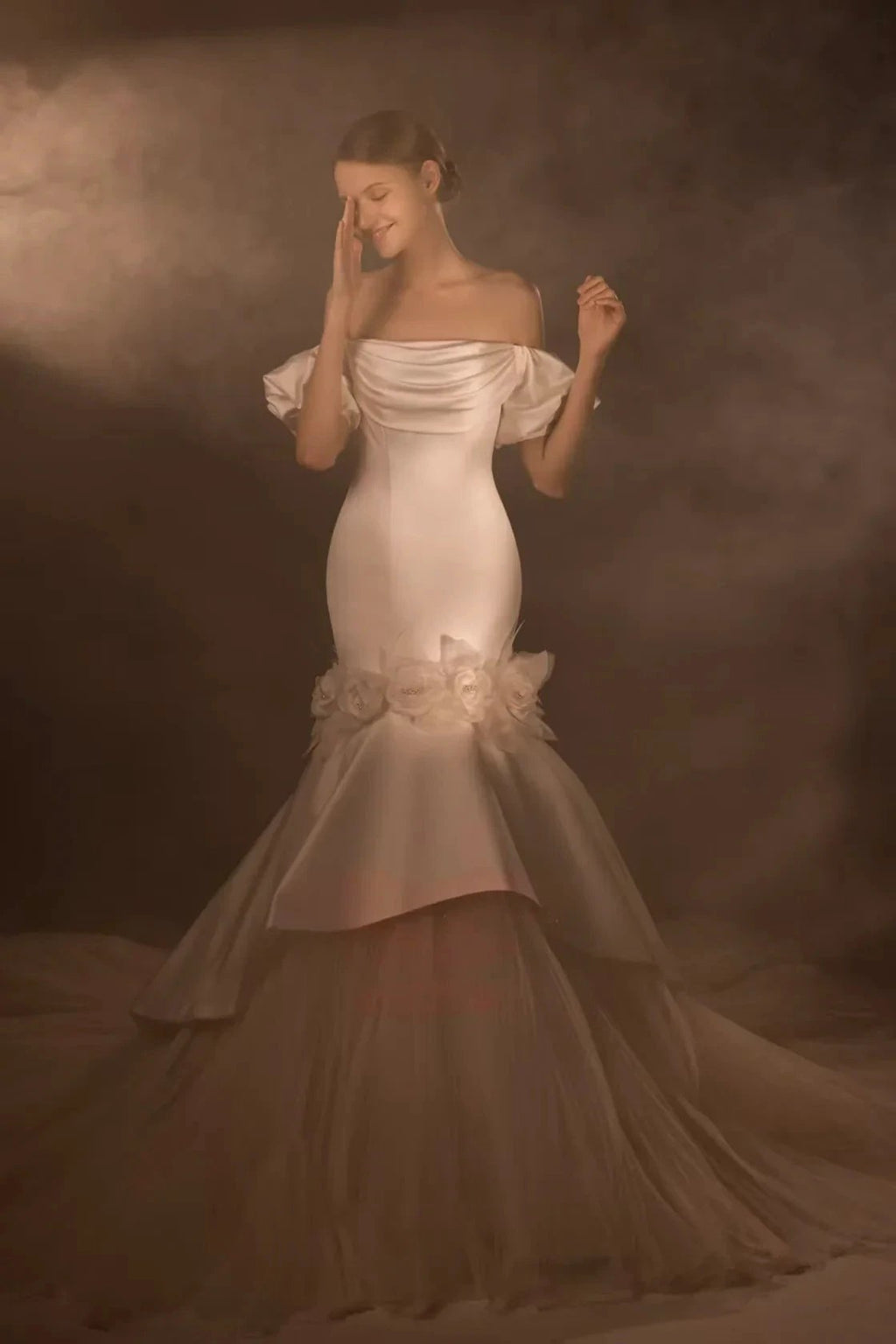 Gorgeous Long Mermaid Off-the-Shoulder Puff Sleeve Satin Wedding Dress with 3D Flower & Lace-Up Back & Tulle Train Q6012 by ZAPDRESS