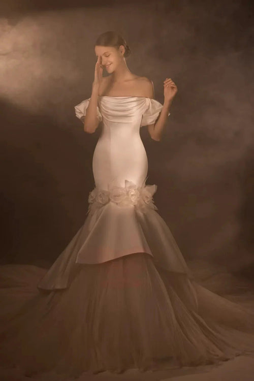Gorgeous Long Mermaid Off-the-Shoulder Puff Sleeve Satin Wedding Dress with 3D Flower & Lace-Up Back & Tulle Train Q6012 by ZAPDRESS