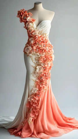Classy Peony Flower Appliques Chiffon Prom Dress Long Mermaid Evening Dress Y8566