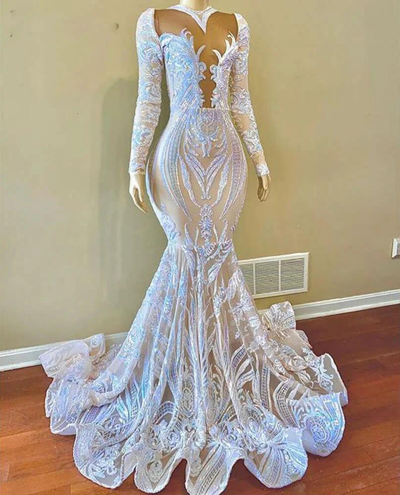 White Sequins Appliques Lace Mermaid Prom Dress With Long Sleeves by BIZTUNNEL