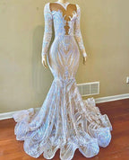 White Sequins Appliques Lace Mermaid Prom Dress With Long Sleeves by BIZTUNNEL