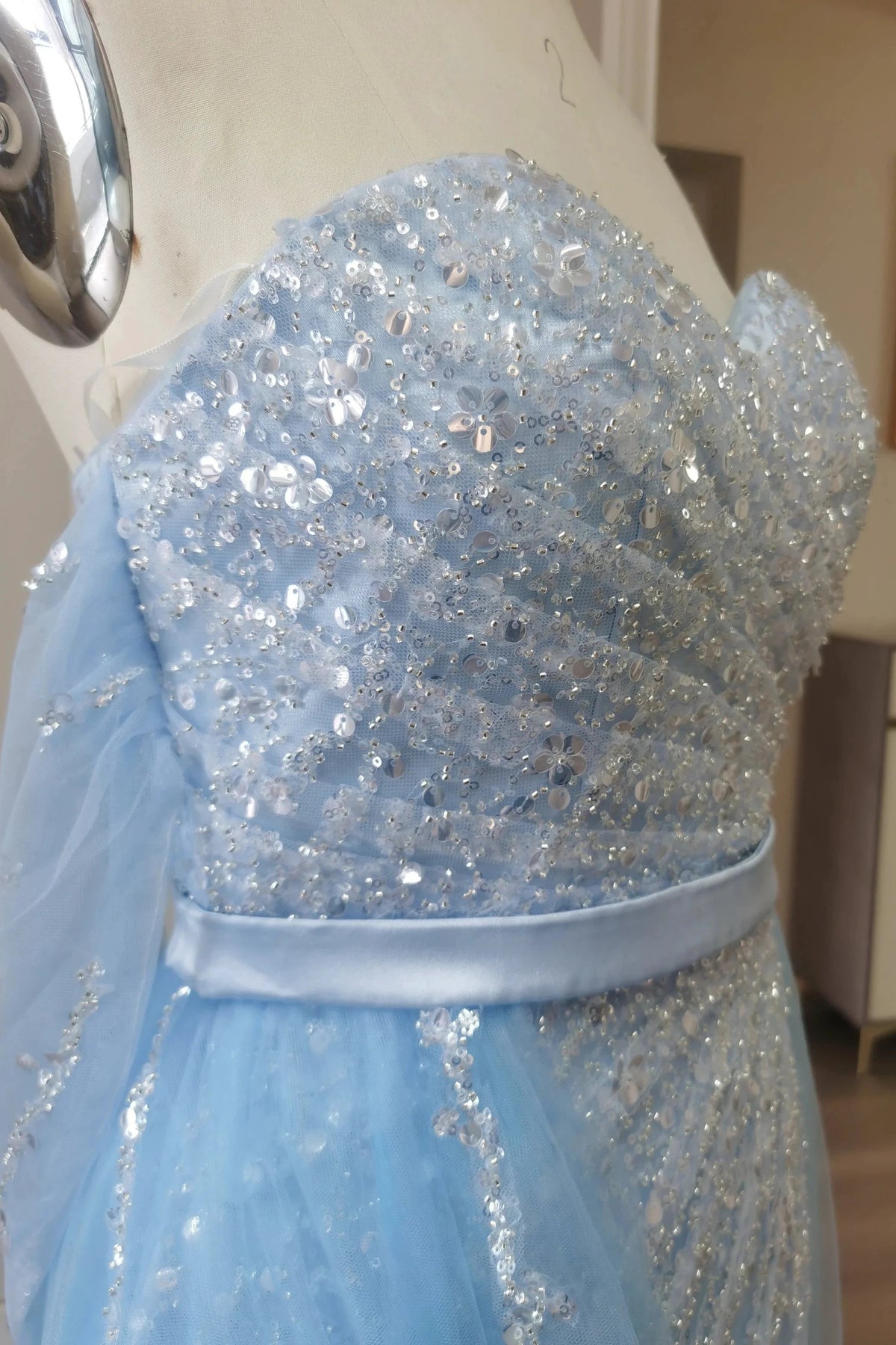 Split Front Sky Blue Off-the-Shoulder Tulle Prom Dress with Sequin Embellishments by BIZTUNNEL