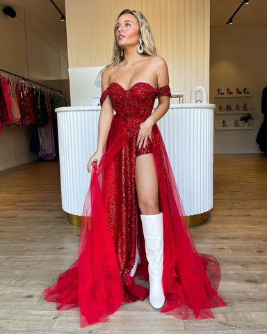 Ashlee | Glitzerndes, schulterfreies, langes Ballkleid mit roten Pailletten
