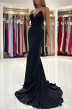 Sleek Black Charmeuse Long Mermaid Prom Gown with Spaghetti Straps by BIZTUNNEL