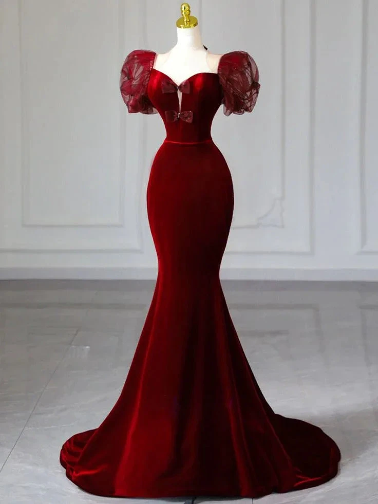 Burgundy Mermaid Velvet Puff Sleeve Bow Prom Dress Elegant Evening Dress Y7674 by simplepromdress