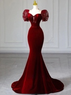 Burgundy Mermaid Velvet Puff Sleeve Bow Prom Dress Elegant Evening Dress Y7674 by simplepromdress