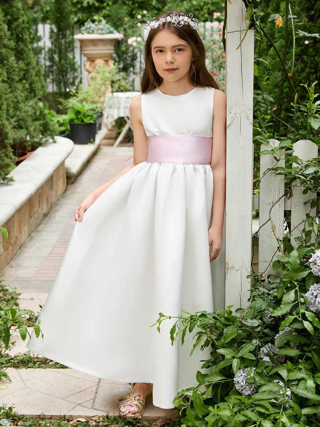 Ivory Satin Flower Girl Ball Gown with Sash Bow | Ankle-Length Tulle Dress (0… - photo 2