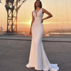 Sexy Mermaid Strapless Wedding Dresses Simple Satin Sleeveless Bridal Gown Elegant V-Neck Backless Beach Vestido De Novia by payinti