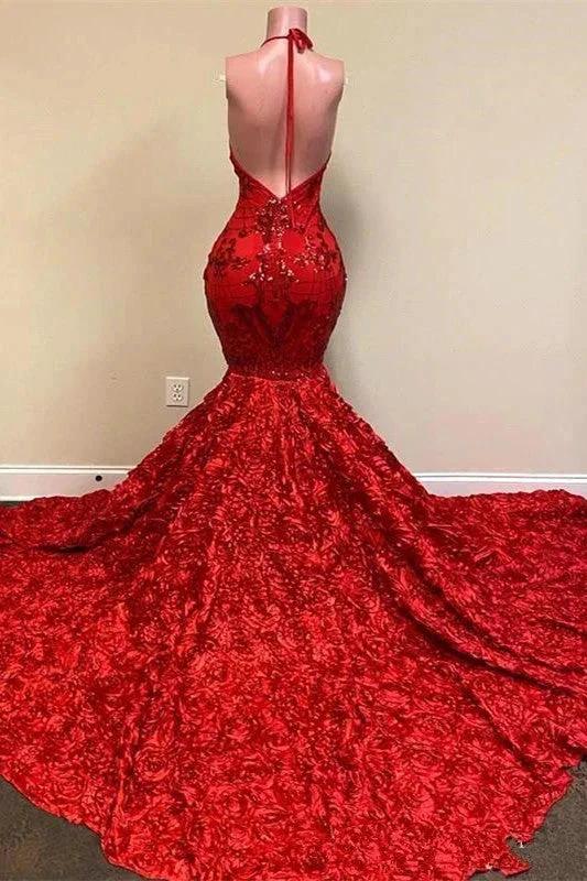 Sexy Deep V Neck Open Back Red Halter Spaghetti Straps Sequin Mermaid Prom Dress by BIZTUNNEL