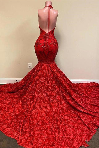Sexy Deep V Neck Open Back Red Halter Spaghetti Straps Sequin Mermaid Prom Dress
