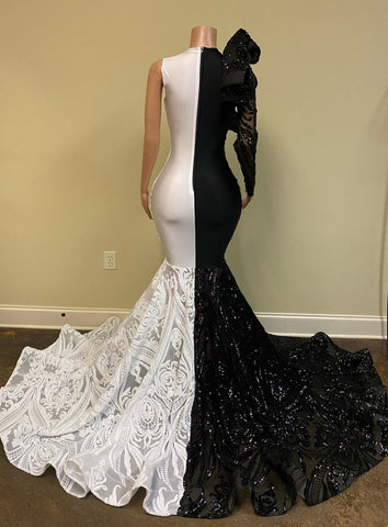 Vestido de fiesta de sirena con encaje blanco y negro y mangas largas