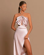 Halter Sleek Pink Sleeveless Prom Dress with Side Slit Pleats by BIZTUNNEL