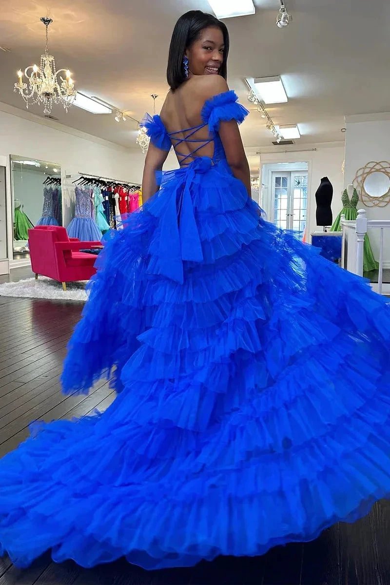 Adalynn | Royal Blue Off the Shoulder Ruffle Tiered Tulle Long Prom Dresses with Slit by KissProm