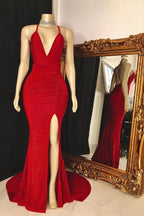 Sleeveless V-neck Halter Prom Dress with Daring Split by BIZTUNNEL