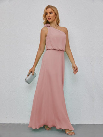 Ruffled One Shoulder Sleeveless Long Bridesmaid Dresses A-line Formal Evening Gown Side Split 28080