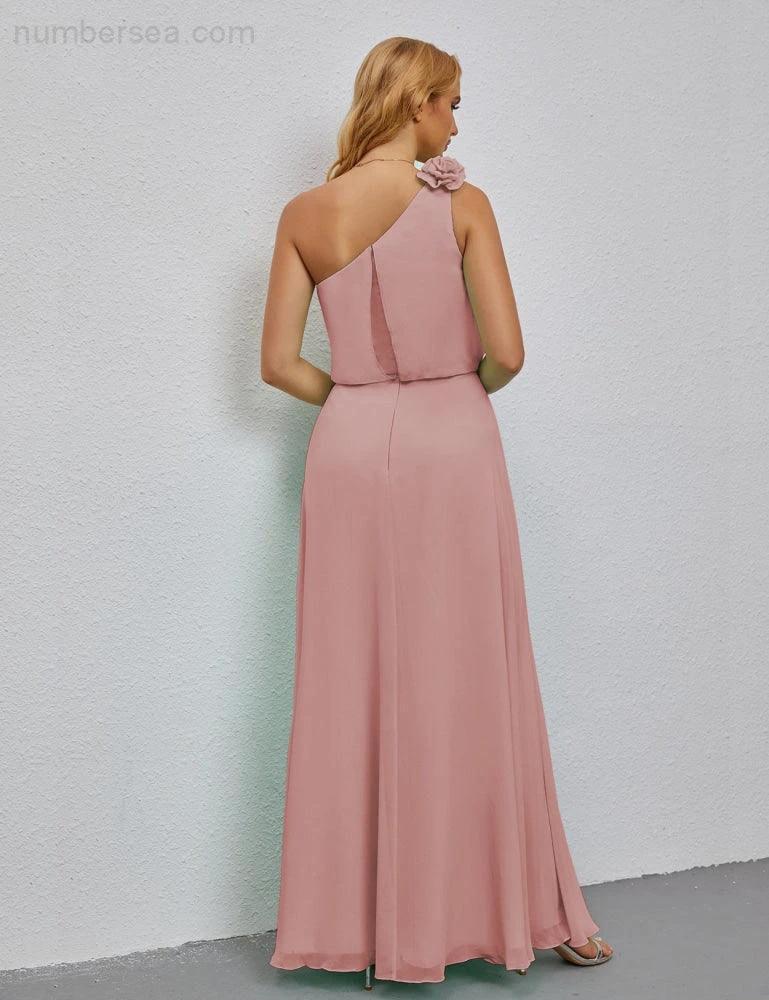 Ruffled One Shoulder Sleeveless Long Bridesmaid Dresses A-line Formal Evening Gown Side Split 28080 by numbersea