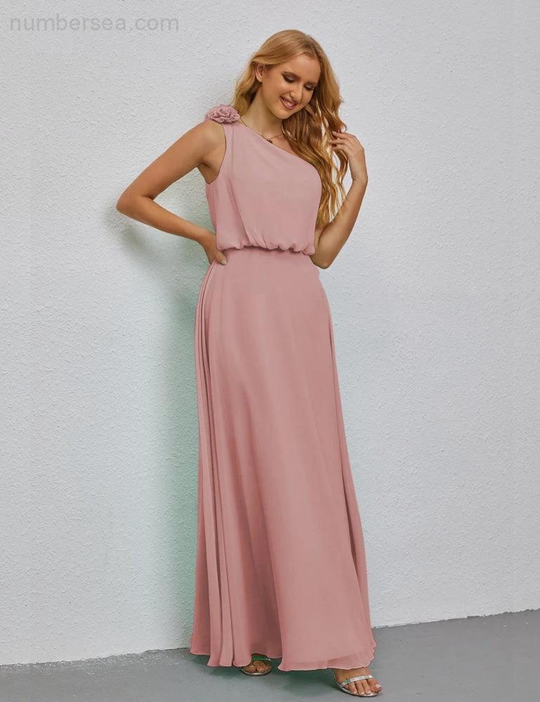 Ruffled One Shoulder Sleeveless Long Bridesmaid Dresses A-line Formal Evening Gown Side Split 28080 by numbersea