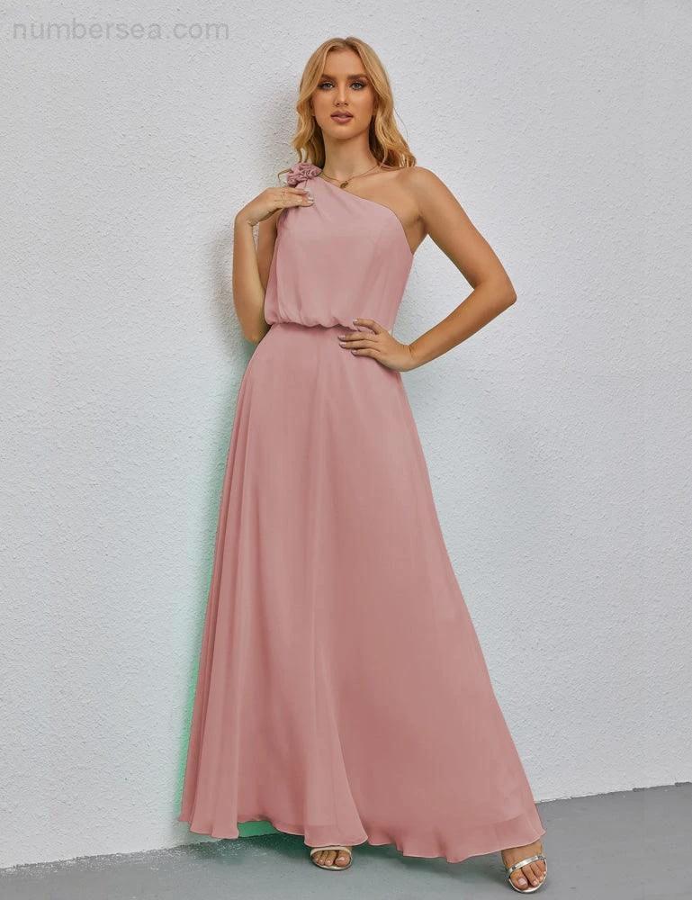Ruffled One Shoulder Sleeveless Long Bridesmaid Dresses A-line Formal Evening Gown Side Split 28080 by numbersea