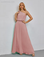 Ruffled One Shoulder Sleeveless Long Bridesmaid Dresses A-line Formal Evening Gown Side Split 28080 by numbersea