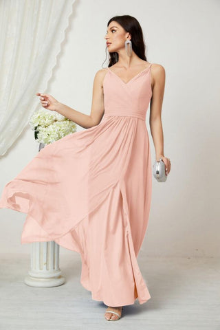 Numbersea Chiffon V-Neck Bridesmaid Dress Spaghetti Strap Long Formal Party Prom Gowns with Slit 28010