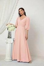 Numbersea Formal Prom Gown Women V-Neck Chiffon Bridesmaid Dresses Long Bishop Sleeve Party Dress 2807 by numbersea