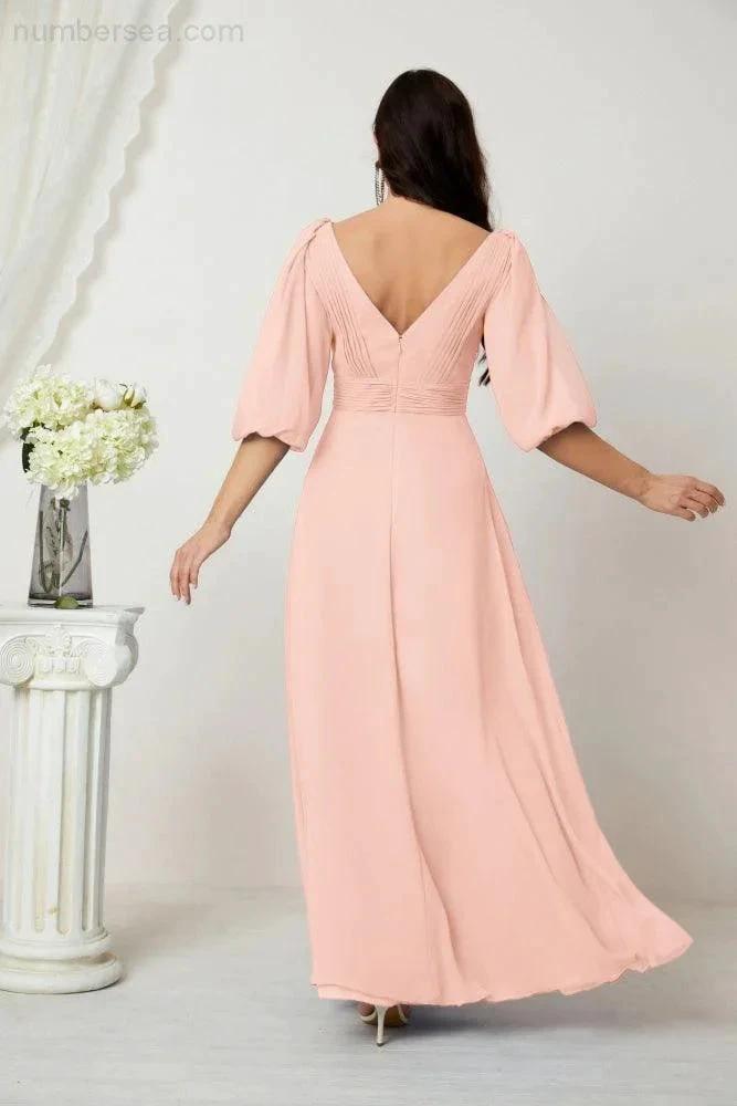 Numbersea Formal Prom Gown Women V-Neck Chiffon Bridesmaid Dresses Long Bishop Sleeve Party Dress 2807 by numbersea
