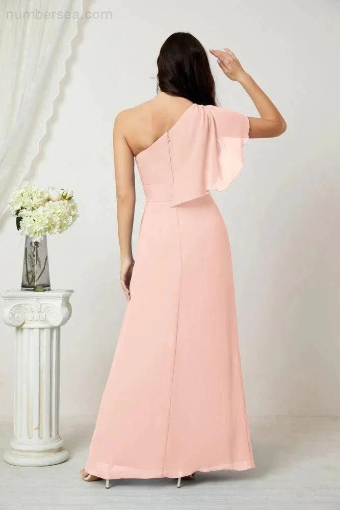 Numbersea Chiffon Ruffled One Shoulder Long Bridesmaid Dresses A-line Formal Evening Gown Side Split 2809 by numbersea