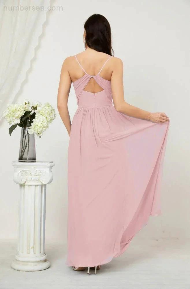 Numbersea Neck Bridesmaid Dresses Chiffon Long Spaghetti A-line Formal Prom Gown for Wedding Party Evening 2801 by numbersea
