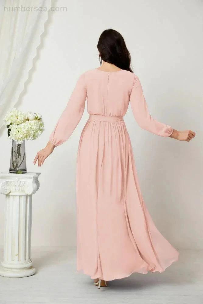 Sunnderly Evening Dresses Deep V-Neck Chiffon Bridesmaid Dresses Long Bishop Sleeve Side Split Formal Dress SY2806 by numbersea