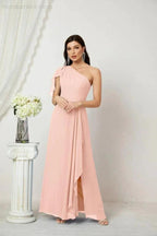 Numbersea Chiffon Ruffled One Shoulder Long Bridesmaid Dresses A-line Formal Evening Gown Side Split 2809 by numbersea