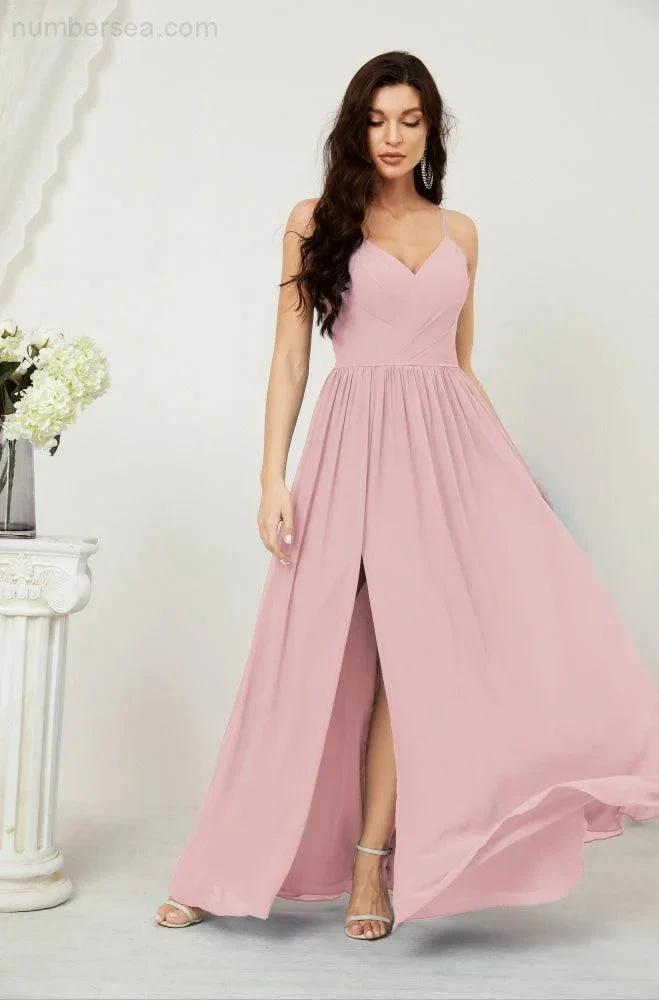 Numbersea Neck Bridesmaid Dresses Chiffon Long Spaghetti A-line Formal Prom Gown for Wedding Party Evening 2801 by numbersea
