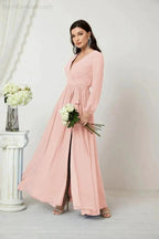 Sunnderly Evening Dresses Deep V-Neck Chiffon Bridesmaid Dresses Long Bishop Sleeve Side Split Formal Dress SY2806 by numbersea
